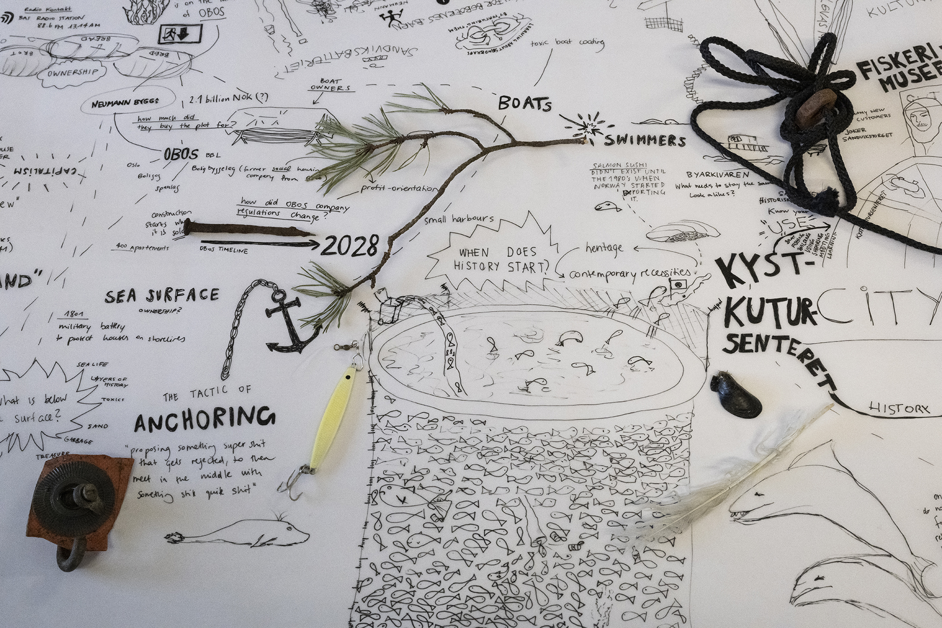 A mixed-media artwork featuring hand-drawn sketches of Bergen landmarks, text notes, and objects placed on the paper, including a piece of rope, a feather, a small stone, and two large metal hooks shaped like the letter 